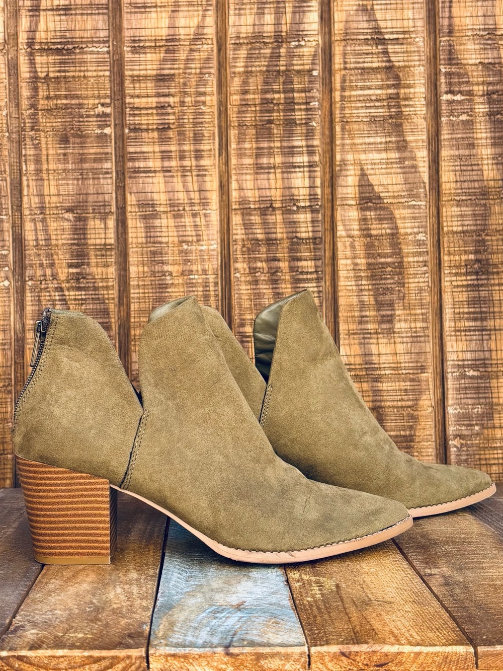 Sun + Stone Olive Green Suede Ankle Boots